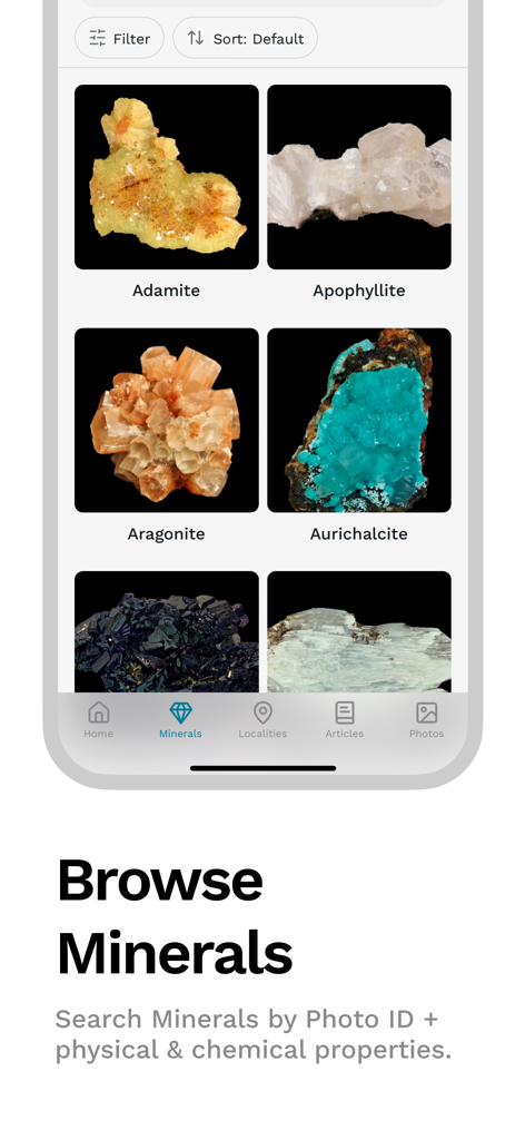 Prospector Minerals - Screenshot of the Prospector Minerals app showing a gallery of mineral specimens like Adamite and Aragonite