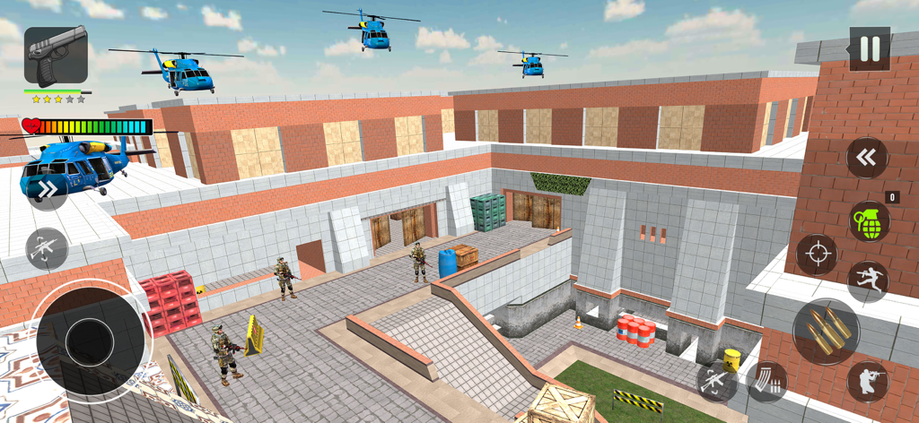 Jugabilidad 3D de FPS Shooting Commando Strike con soldados y helicópteros militares en una arena de batalla