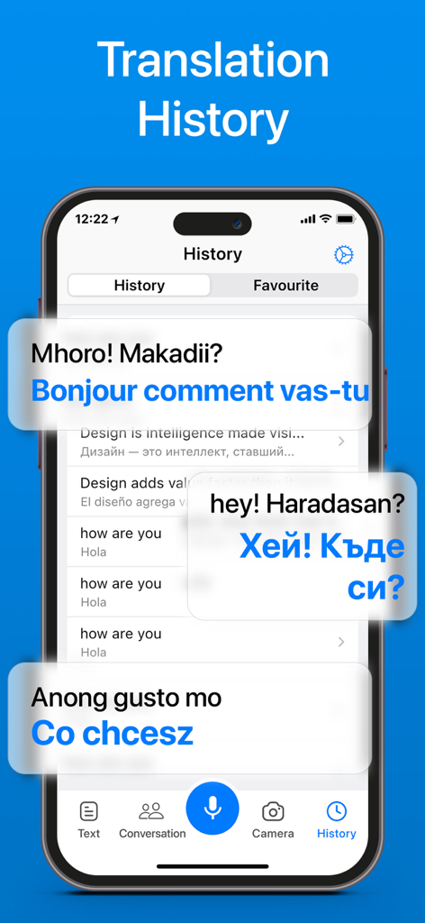 Interfaz de historial de traducciones de la aplicación de traducción de idiomas que muestra una lista de frases traducidas en varios idiomas.