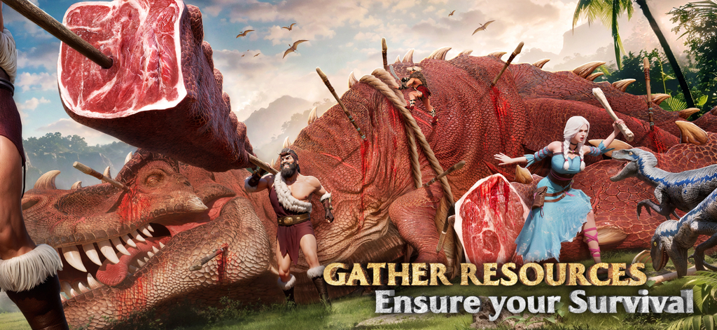 Supervivientes de la Edad de Piedra recolectando carne de un dinosaurio gigante cazado en Savage Survival Jurassic Isle.