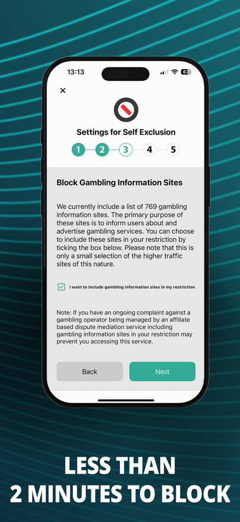 BetBlocker: Gambling Exclusion - BetBlocker app interface showing step 3 of the 5-step setup to block gambling information sites