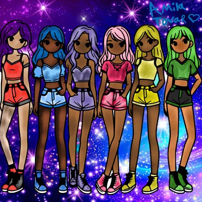 a group of girls wearing crop tops and shorts