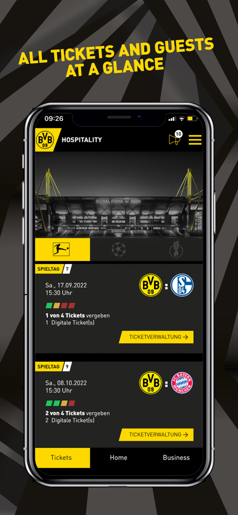 BVB Hospitality App-Bildschirm, der das digitale VIP-Ticketmanagement und den bevorstehenden Spielplan für das Signal Iduna Park anzeigt.