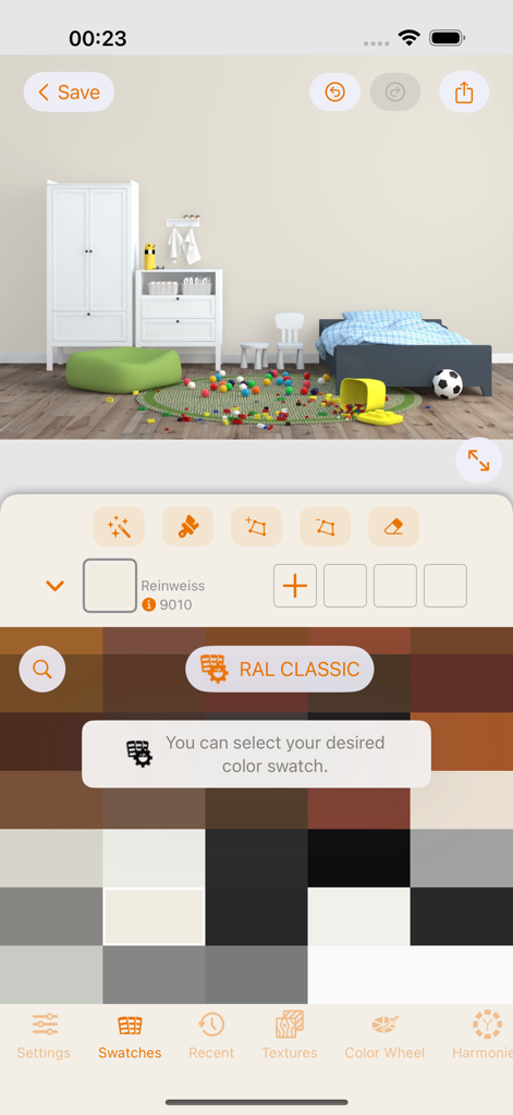 RAL iColours - RAL iColours app interface showing a room photo and RAL CLASSIC color swatches for digital recoloring