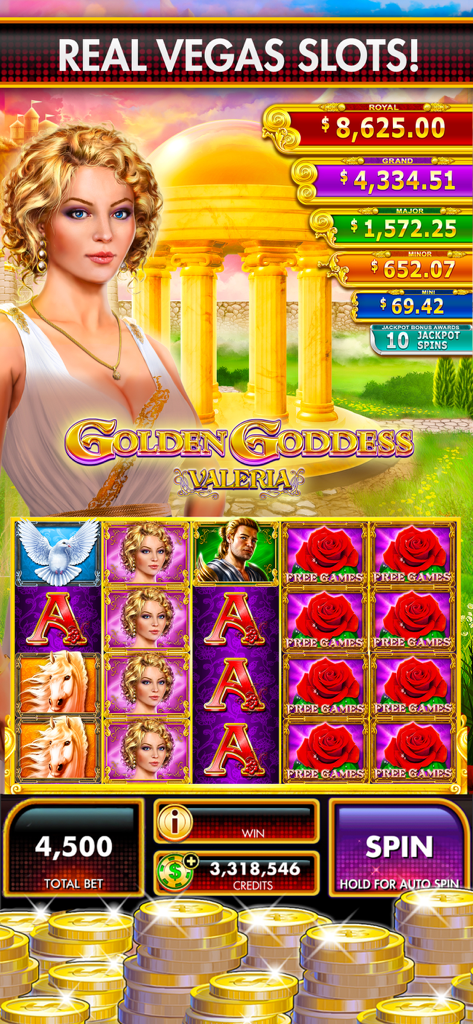 Slots DoubleDown Fort Knox - Máquina tragamonedas Golden Goddess Valeria con botes progresivos y pilas de monedas de oro