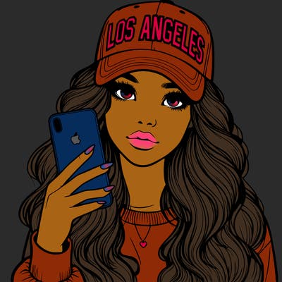 realistic beautiful girl wearing los ángeles cap holding an iphone