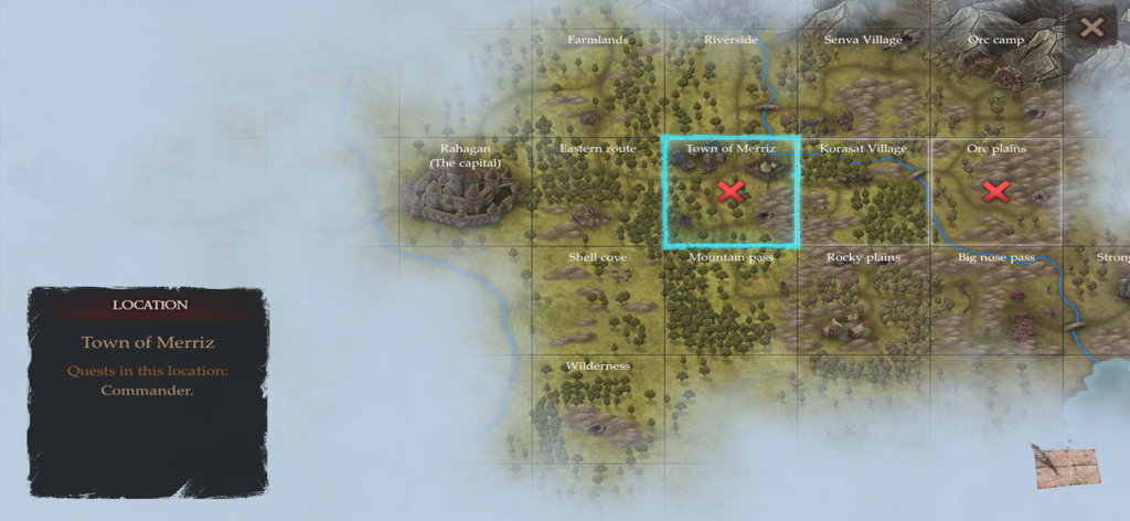 Powerlust - Action RPG offline - Una interfaz de mapa mundial basada en cuadrícula en el juego Powerlust que muestra lugares como la Ciudad de Merriz y Rahagan con misiones activas.