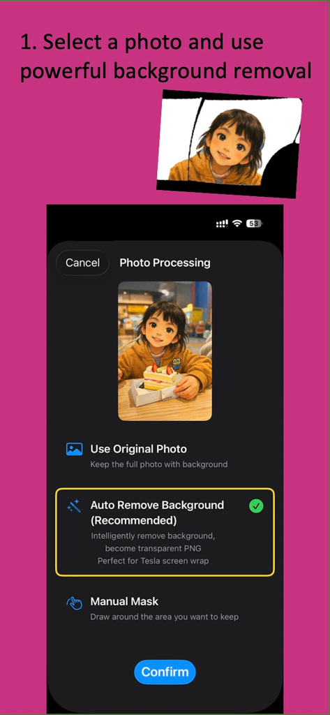 Wrap For Tesla - Wrap For Tesla app interface showing AI background removal for a custom photo wrap.