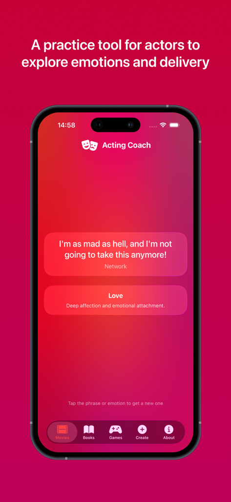 Acting Coach - 액팅 코치 앱 인터페이스에 "Network"의 유명한 영화 대사와 "Love" 감정이 연습용으로 표시되어 있습니다.