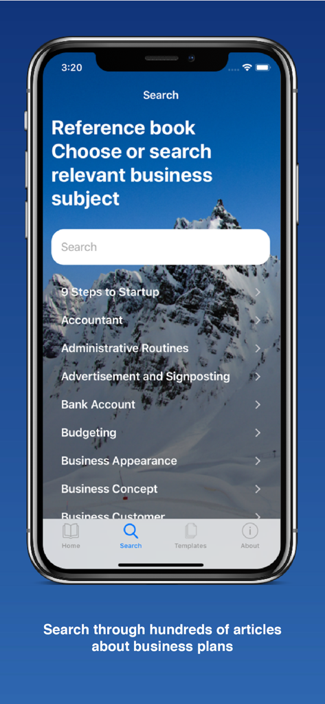 Suchoberfläche der Businessplan-App für Startups, die verschiedene Geschäftsthemen zeigt