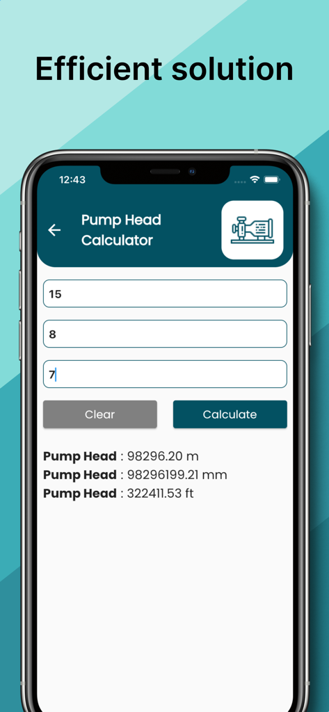 Pantalla de iPhone que muestra la interfaz de la Calculadora de Carga de Bomba con entradas numéricas y resultados calculados en metros, milímetros y pies.