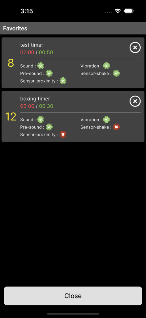 Lista de temporizadores de boxe personalizados salvos com intervalos de rounds e configurações de notificação.