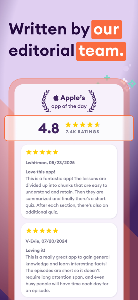 Una captura de pantalla que muestra la calificación de 4.8 estrellas de la aplicación Yuno, el premio Apple App of the Day y las críticas positivas de los usuarios que destacan sus breves lecciones educativas.