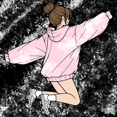 realistic girl jumping with a bun and oversized sweatshirt