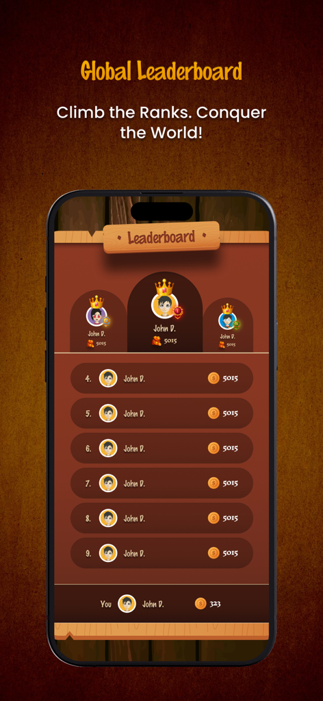 Pantalla de la tabla de clasificación mundial del juego de tablero móvil Sequence Royale que muestra las clasificaciones de los jugadores y las recompensas en monedas.