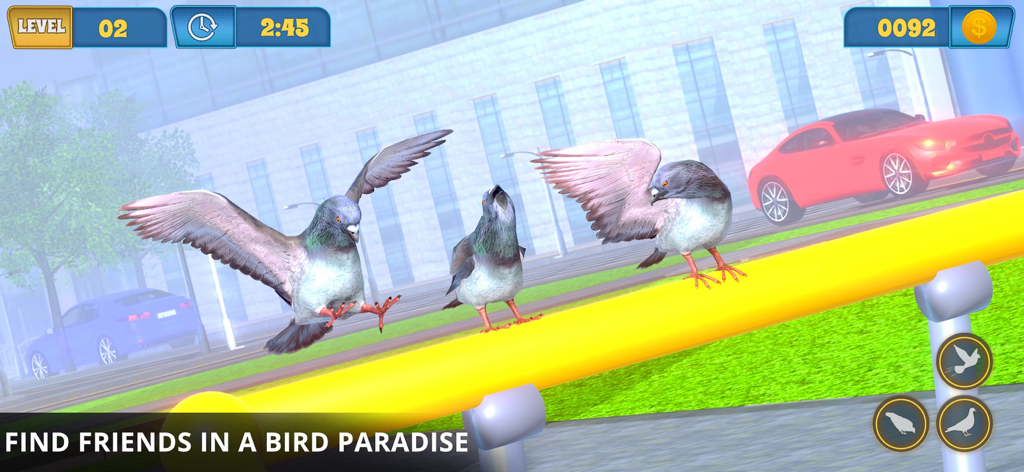 Tres palomas en una barandilla amarilla en un entorno de ciudad 3D con un coche rojo y edificios