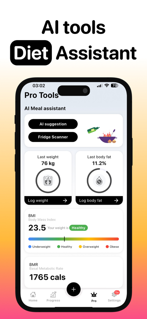 Calzeno Diet - Calorie Tracker - Panel de la aplicación Calzeno mostrando métricas de salud y herramientas de asistente de dieta IA