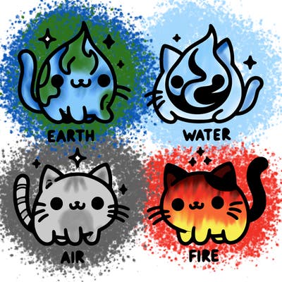 4 cats that represent the different elements, earth, water, air, and fire