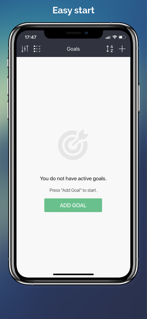 Start screen of the Money Goals Savings Box app showing an empty goal list and a button to add a goal.