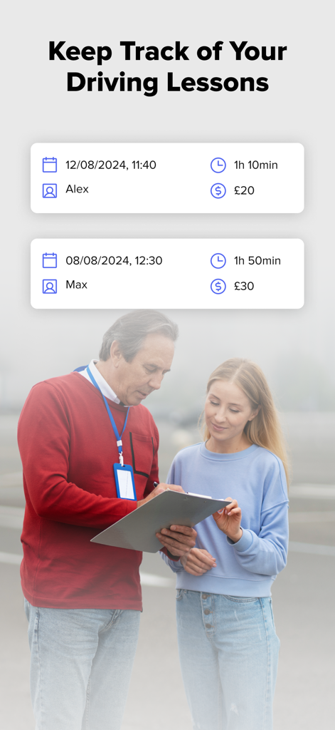 Driving Theory Test Prep 2025 - Interfaz que muestra un libro de registro para rastrear lecciones de conducción con fechas, instructores y costos.
