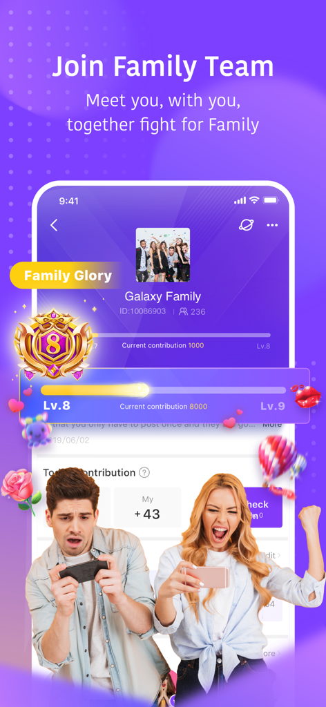 Hello Yo – Group Chat Rooms - Hello Yo app interface showing the Family Team feature with level 8 achievement and contribution status