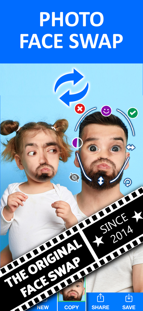 Face Swap Booth Photo Changer - Interface of the Face Swap Booth app showing a funny face swap between a bearded man and a young child.
