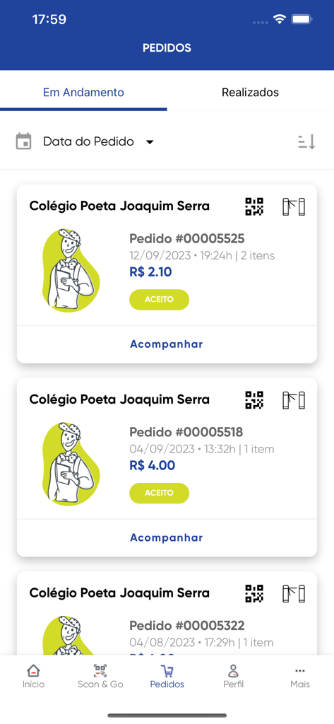 Sodexo Direct - Sodexo Direct app interface showing a list of food orders with order numbers, dates, and prices.