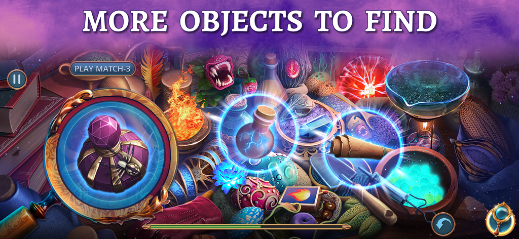 Magic City: Hidden Objects F2P - Hidden object puzzle scene featuring magical artifacts and a magnifying glass tool
