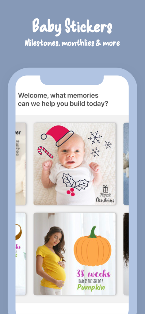 Bino: Baby Photo Editor App - Bino app interface showcasing pregnancy and baby milestone stickers on photos