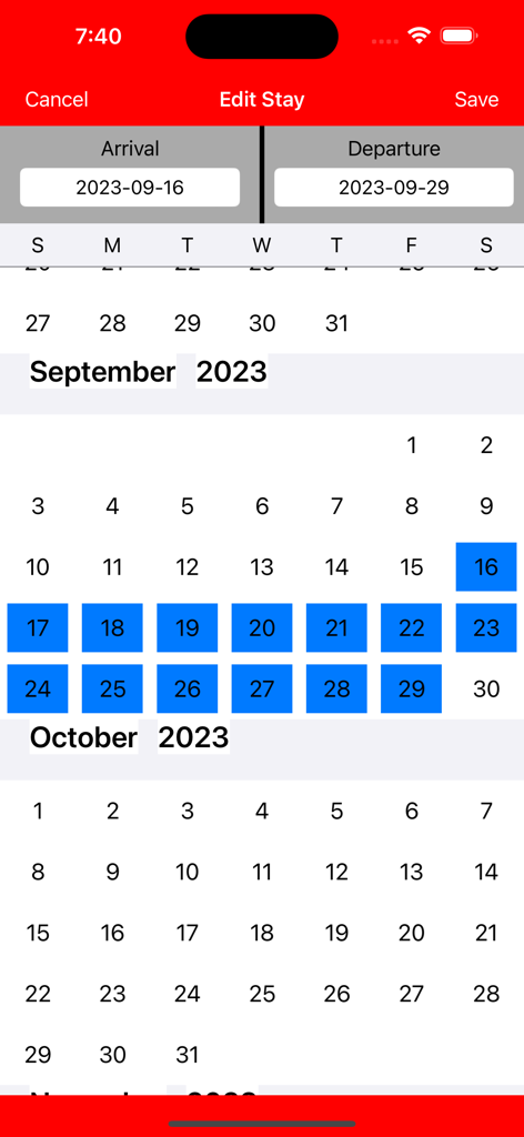 Canada PR Calculator - Écran de l'application Canada PR Calculator pour modifier les séjours avec une vue calendrier sélectionnant des dates en septembre 2023.