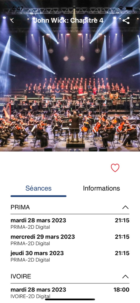 SkanTicket app interface showing available showtimes for an event.
