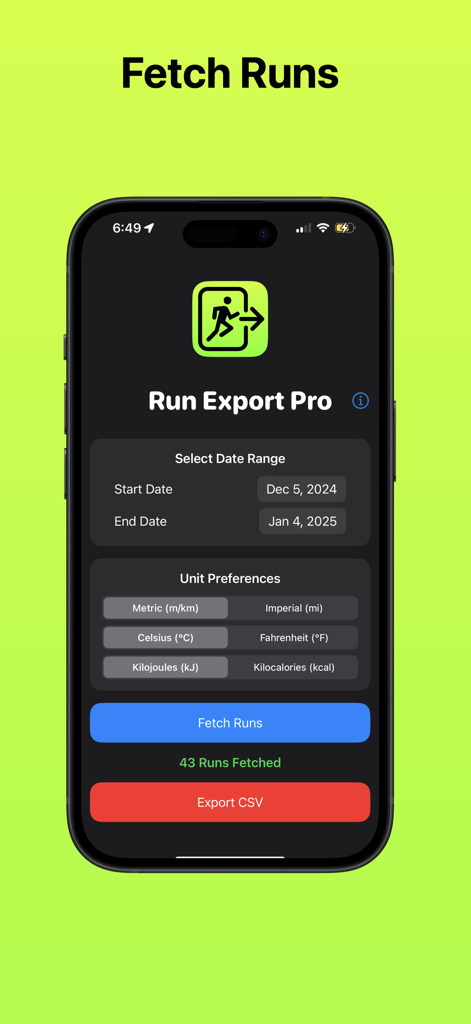Run Export Pro - Interface of the Run Export Pro app showing date range selection, unit preferences, and the CSV export button