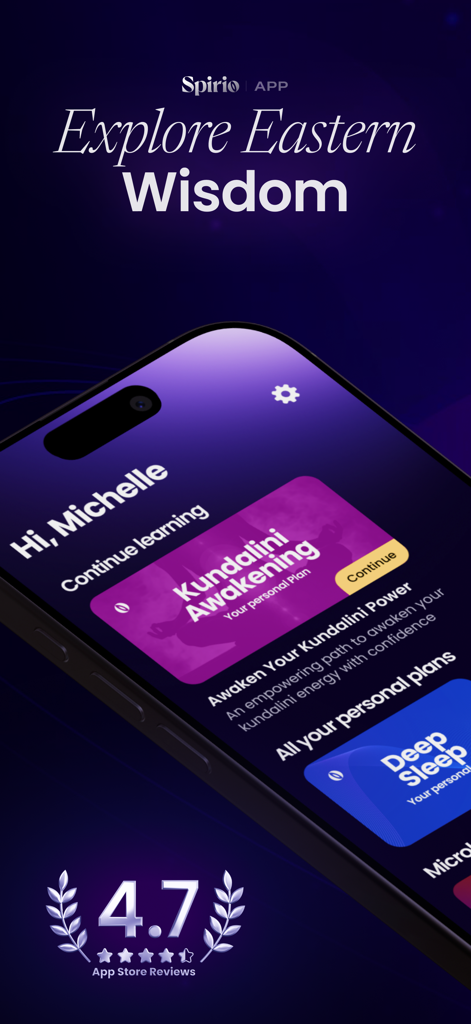 Interfaz de la aplicación Spirio en un smartphone que muestra planes de aprendizaje personalizados de Despertar de Kundalini y Sueño Profundo con una calificación de 4.7 estrellas