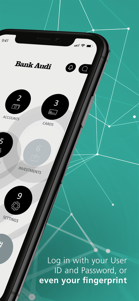 Bank Audi mobile app dashboard displaying account card and investment icons with biometric login text
