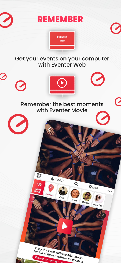 Eventer - Unforgettable Events - Screenshot of Eventer app highlighting web access on computer and the after movie highlight reel.