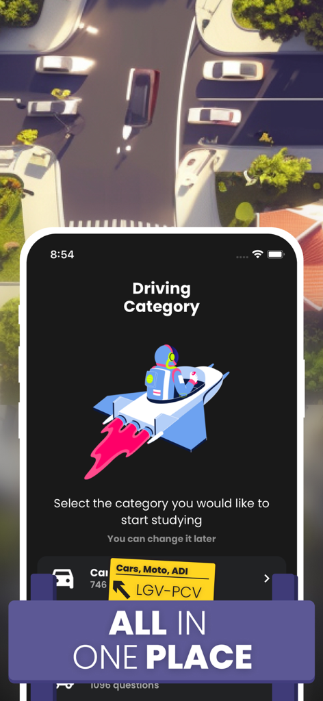 Learn UK Driving Theory Test - Learn UK Driving Theory Test app interface for selecting driving categories including cars and motorcycles