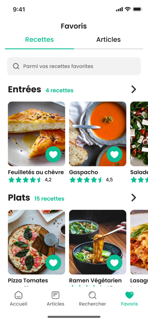 La section « Favoris » de l’application de cuisine 750g affiche une liste de recettes gastronomiques enregistrées, classées par type de plat.