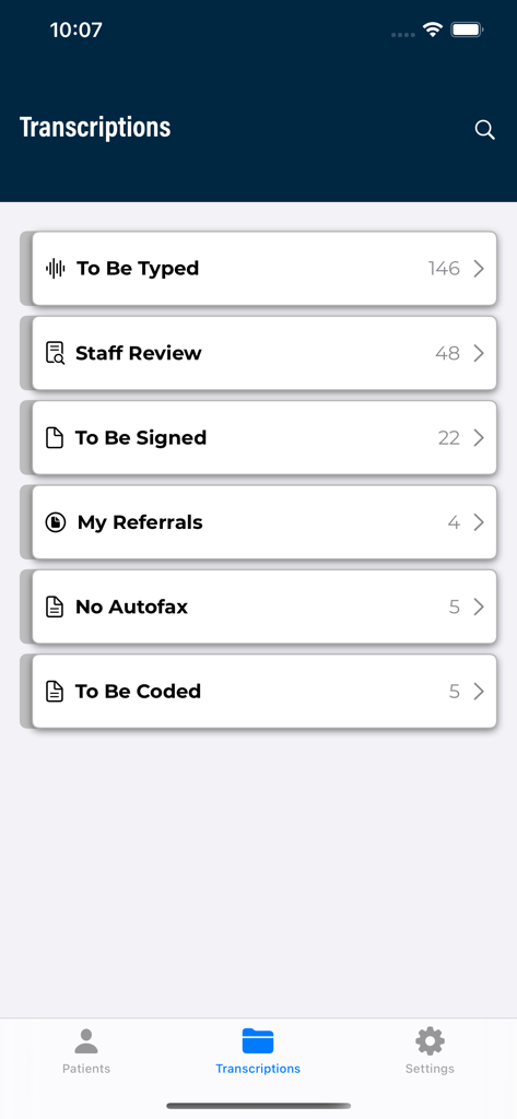 Interface of eScription One app showing medical transcription categories like To Be Typed and Staff Review with document counts