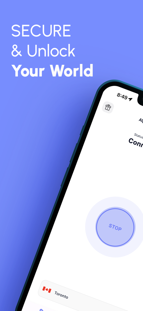 토론토와의 보안 연결 및 'Secure and Unlock Your World' 텍스트가 표시된 Fast VPN 앱이 있는 휴대폰 화면