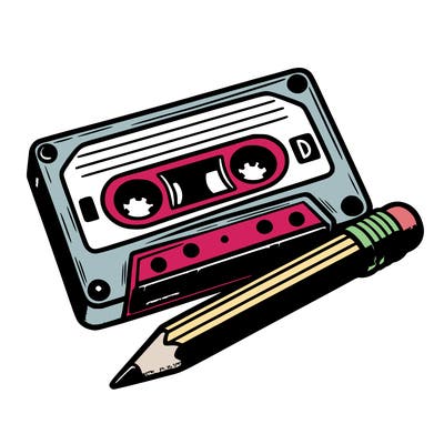 easy coloring page of a retro cassette tape with a pencil