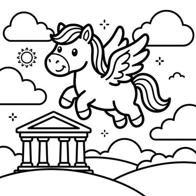 Ignite your toddler's imagination with this delightful mythological coloring page featuring a friendly Pegasus soaring through the sky. Designed with ultra-thick lines and expansive coloring areas, it's perfect for developing fine motor skills and introducing young artists to the wonders of ancient myths.