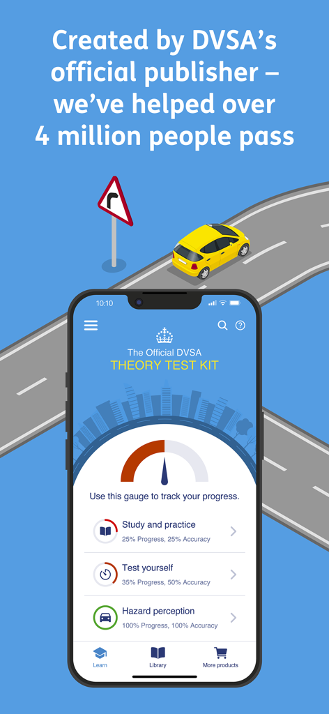 Smartphone displaying the Official DVSA Theory Test Kit mobile app dashboard with progress tracking and study categories