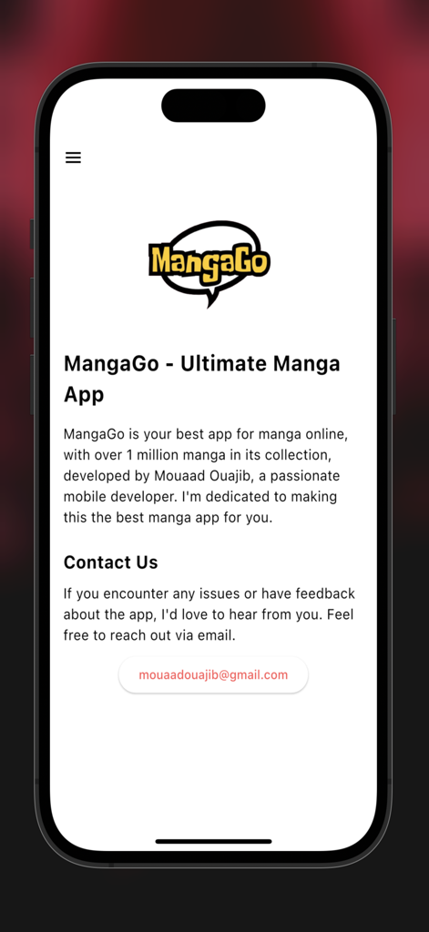 La page À propos de l'application mobile MangaGo montrant le logo et les informations de contact