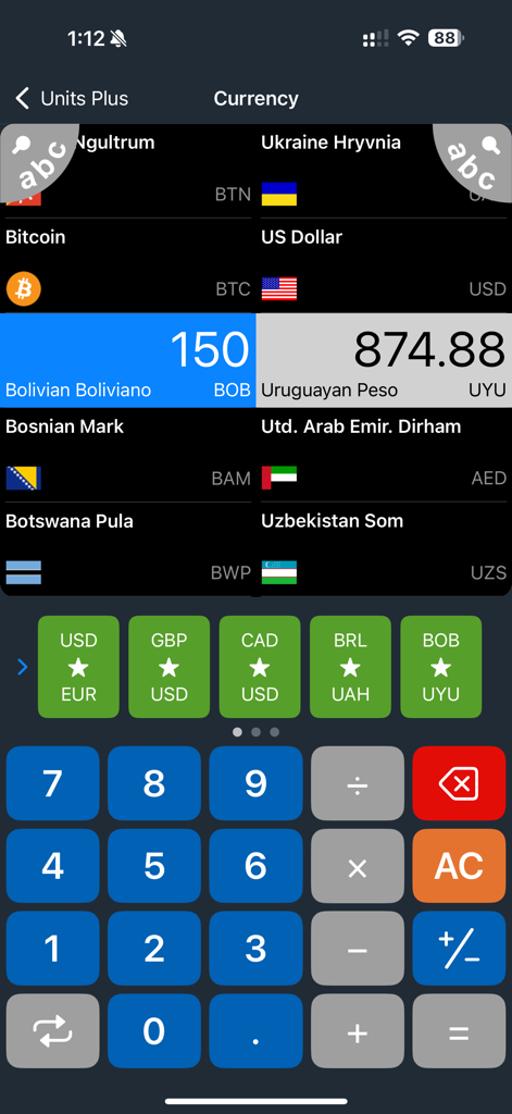 A screenshot of the Units Plus app showing the currency converter feature with exchange rates and a calculator keypad