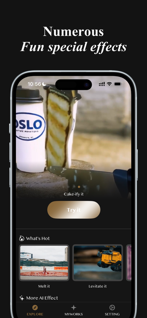 Captura de pantalla de la aplicación AI Pika Art que muestra el efecto especial Cakeify y transformaciones de vídeo de tendencia