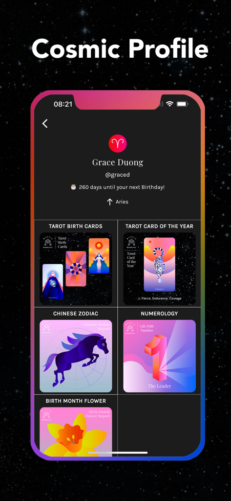 Mystic Mondays - Mystic Mondays app Cosmic Profile screen displaying personalized tarot birth cards, zodiac sign, and numerology insights
