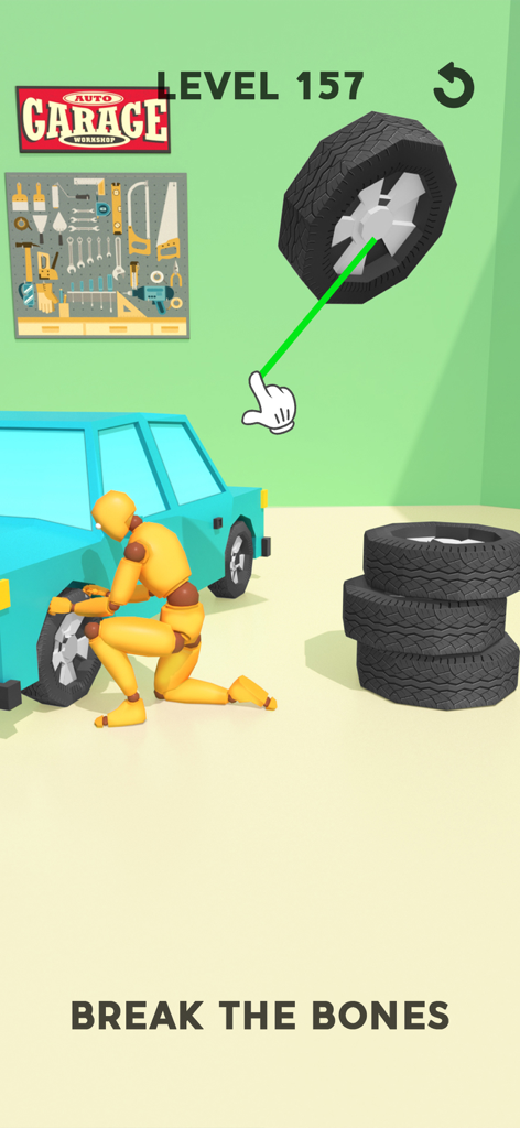 Personnage ragdoll jaune agenouillé à côté d'une voiture dans un garage avec un pneu tombant au-dessus dans l'application Ragdoll Games Kick and Break.