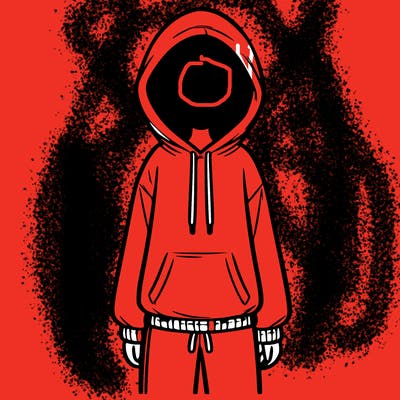 faceless girl in a tracksuit with a hood on and no hair