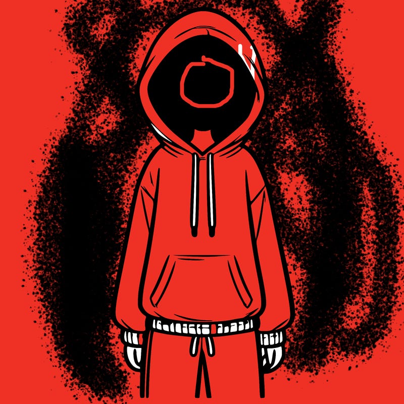 faceless girl in a tracksuit with a hood on and no hair