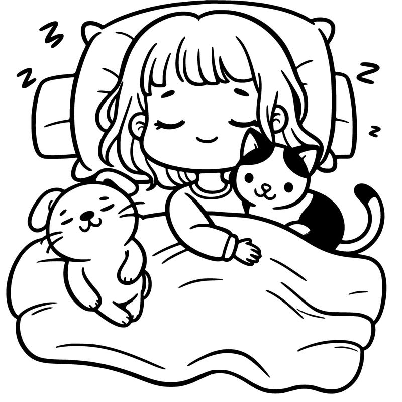 a girl sleeping with a cat and a dog